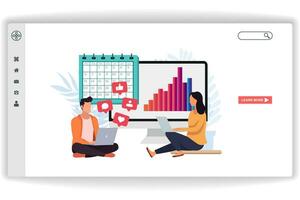 A man and a woman sat looking at the laptop. website page Social Marketing. Modern flat design concept of web page design for website and mobile website vector