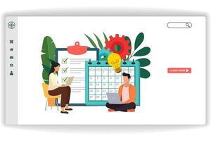 Men and women sitting looking at laptops. website page Marketing Schedule. Modern flat design concept of web page design for website and mobile website vector