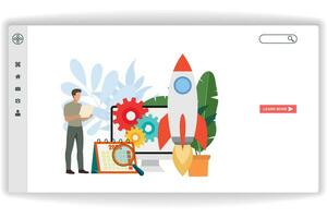 A man stood looking at the document. website page Startup. Modern flat design concept of web page design for website and mobile website vector