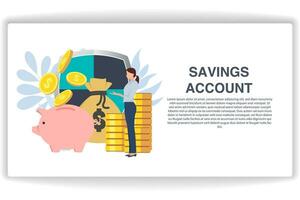 A woman stood throwing a coin into the piggy bank. website page Saving Account. Modern flat design concept of web page design for website and mobile website vector