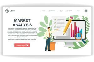 A man stood pointing at the document. website page Market Analysis. Modern flat design concept of web page design for website and mobile website vector