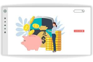 A woman stood throwing a coin into the piggy bank. website page Saving Account. Modern flat design concept of web page design for website and mobile website vector