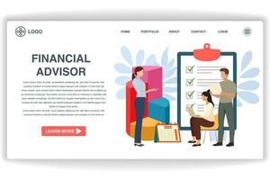 A woman stood giving a briefing. website page Financial Advisor. Modern flat design concept of web page design for website and mobile website vector