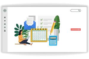 A woman sits looking at a laptop. website page Online Tax Payment. Modern flat design concept of web page design for website and mobile website vector