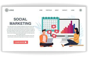 A man and a woman sat looking at the laptop. website page Social Marketing. Modern flat design concept of web page design for website and mobile website vector