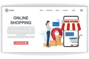 A woman is using a credit card. website page Online Shopping. Modern flat design concept of web page design for website and mobile website vector