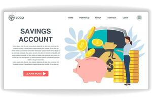 A woman stood throwing a coin into the piggy bank. website page Saving Account. Modern flat design concept of web page design for website and mobile website vector