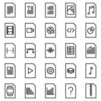 File type icons, in line style, for a variety of office uses and user interfaces including doc, pdf, video files, audio files, music, text, txt, jpg, and spreadsheet. vector