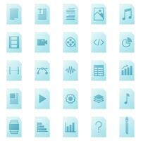 File type icons, in gradient color style, for a variety of office uses and user interfaces including doc, pdf, video files, audio files, music, text, txt, jpg, and spreadsheet. vector