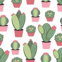 Seamless pattern indoor cartoon cactus succulents of different shapes on white background. Houseplants in pots. Vector illustration