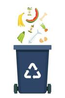 Garbage sorting set. Black Bin with recycling symbol for organic waste. Vector illustration for zero waste, environment protection concept.