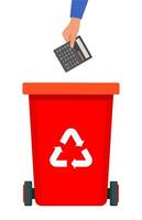 Hand throws the calculator into the Red Bin with recycling symbol for e-waste. Garbage sorting. Vector illustration for zero waste, environment protection concept.