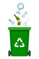 Garbage sorting set. Green Bin with recycling symbol for glass waste. Vector illustration for zero waste, environment protection concept.