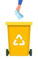 Hand throws Paper Package into the yellow Bin with recycling symbol for organic waste. Garbage sorting. Vector illustration for zero waste, environment protection concept.