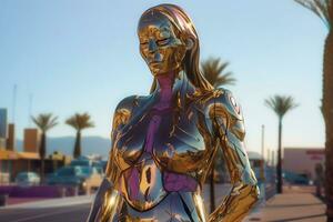 Crome robot woman portrait in the city. Artificial intelligence rise and shiny. Mechanical beauty. Generated AI. photo