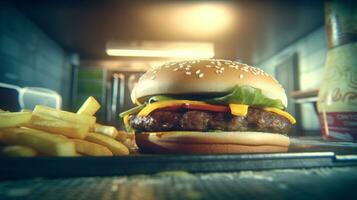 jugoso sabroso hamburguesa en el mesa. rápido comida imagen de un hamburguesa con A la parrilla carne. generado ai. foto