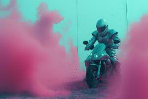 Futuristic post-apocalypse action scene with hero in sci-fi style. Vaporwave surreal shot with pink and blue smoke. Generated AI. photo