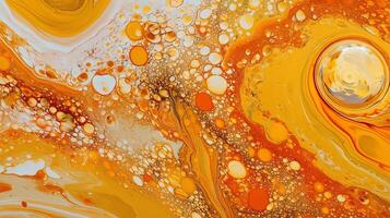 Abstract artistic background with orange marble and golden paint stains. Generated AI. photo