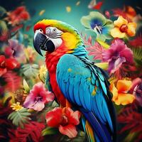 Colorful Birds Parrot with Flower Tree Perched on Branch photo