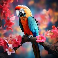 Colorful Birds Parrot with Flower Tree Perched on Branch photo