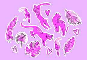 A set of tropical leaves and leopards. Pink tropical elements. Vector. Can be used for stationery, apparel, home decor, and accessories, with a trendy and exotic touch. vector