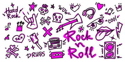 rock n roll, juego de garabatos de música punk. graffiti, pegatina dibujada a mano con tatuajes, texto, cráneo, corazón, patín, mano gestual. Ilustración de vector de roca grunge.