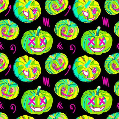Halloween neon seamless pumpkin pattern. Ideal for creating seamless designs and illustrations for various projects like textiles, paper crafts, and more. Vector.