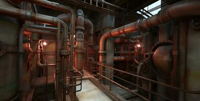 Industrial plant background with shiny pipes. Generated AI. photo