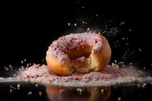 Donut expressive shot with topping and sugar powder splash. Tasty donut food styling image. Generative AI. photo