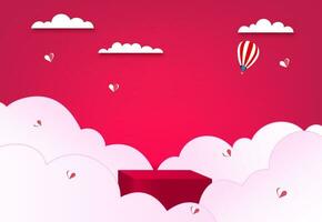 product advertisement podium on cloud and paper heart vector