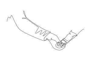 Single continuous line drawing gesture of father holding his daughters hand. Parenting motherhood loving care. Happy and love family parental. Dynamic one line draw graphic design vector illustration