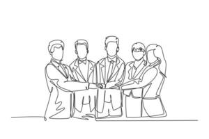 Single one line drawing of happy businessmen and business women handshaking each other. Great teamwork commitment. Business deal concept. Modern continuous line draw design graphic vector illustration