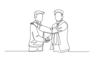 Continuous one line drawing front view businessmen handshaking his business partner after deal big project. Great teamwork. Business deal concept. Single line draw design vector graphic illustration