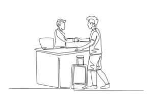 Single continuous line drawing young man tourist handshaking hotel receptionist and ask to book room while holding luggage. Travelling concept. Dynamic one line draw graphic design vector illustration