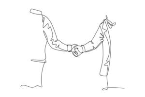 Single one line drawing of hand businessmen gesture in suite handshaking his business partner. Great teamwork. Business deal cooperation. Modern continuous line draw design graphic vector illustration