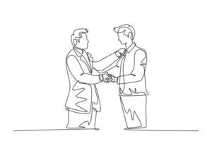 Single continuous line drawing of businessmen handshaking his business partner. Great teamwork. Business deal or strategic cooperation concept. Dynamic one line draw graphic design vector illustration