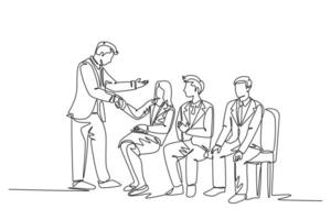 Continuous one line drawing company manager meet and handshaking employee candidates while sitting on chair to take job interview at front office. Single line draw design vector graphic illustration