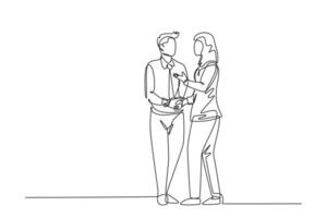 Single one line drawing businessmen handshaking his business woman partner. Great teamwork. Business deal or project cooperation concept. Modern continuous line draw design graphic vector illustration