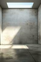 An ai-generated illustration of an empty room with concrete walls a grey floor and soft skylight photo