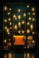 un oscuro habitación es iluminado por estilo retro ligero bombillas creando un cautivador Clásico ambiente concepto con foto