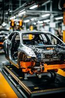 Assembly line for robots with electric car battery module on platform photo