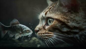 Cute cat watching the fish. Funny kitten sniffing the fish. Generated AI. photo