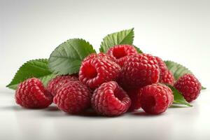 Raspberry on white background. Juicy red berry, fresh and sweet. Generated AI. photo