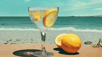 Glass with lemon water in the sand of the beach. Vacation scene with lemonade glass on the shore line. Generative AI photo