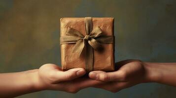 Handcrafted gift box in hands. Offering of the beautiful handmade giftbox. Generated AI. photo