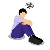 Depressed Man Sitting on The Floor with Tangled Thoughts. vector