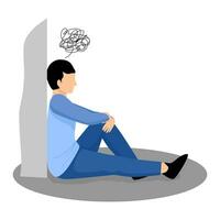 Depressed Man Sitting on The Floor with Tangled Thoughts. vector