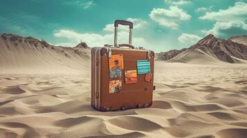 Suitcase in the sand of the beach. Vacation scene with travel case on the shore line. Generative AI. photo