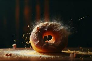 Donut expressive shot with topping and sugar powder splash. Tasty donut food styling image. Generative AI. photo