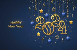 Happy New 2024 Year. Hanging Golden metallic numbers 2024 with shining 3D metallic stars, balls and confetti on blue background. New Year greeting card, banner template. Realistic Vector illustration.